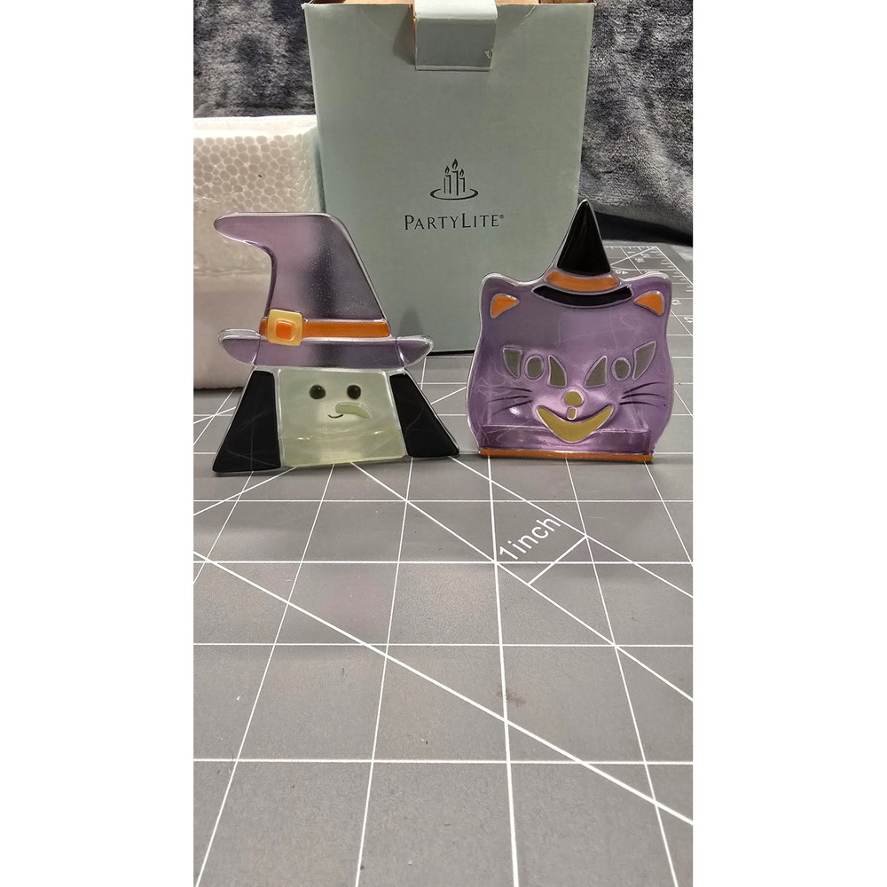 PartyLite Witch & Cat Tealight Pair P9700 Halloween Glass Candle Holders Purple